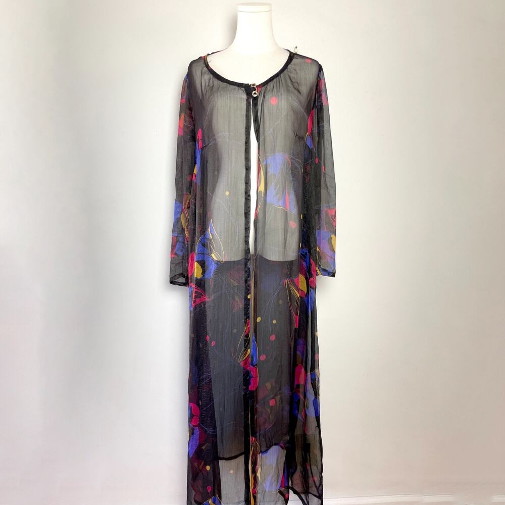 Vintage Sheer Duster Cardigan Dress L/XL Chiffon Lightweight Abstract Festival